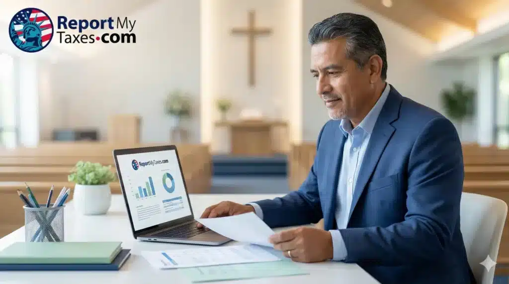 Contabilidad de una iglesia: Pastor revisando documentos en su oficina.