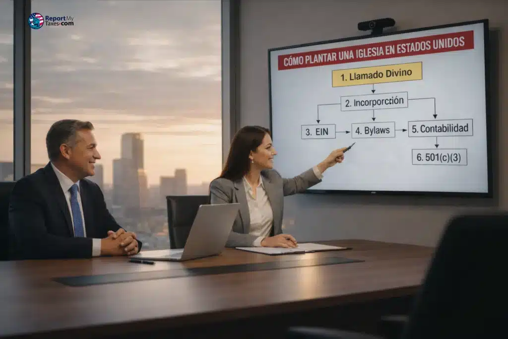 Pastor latino recibiendo asesoría en la oficina de ReportMyTaxes en Texas sobre cómo plantar una iglesia correctamente en Estados Unidos