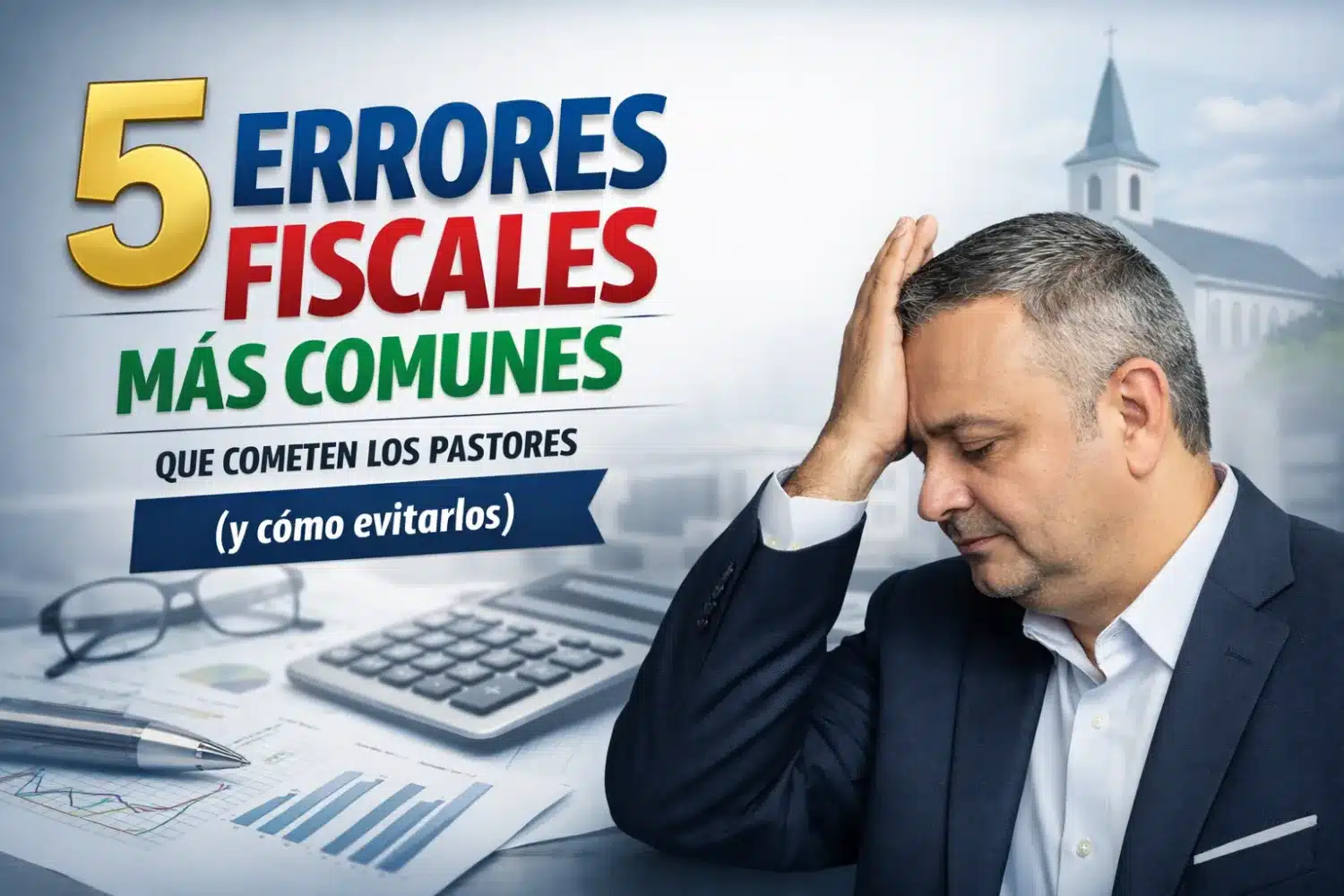 "Pastor latino profesional evitando errores fiscales pastores en su oficina".